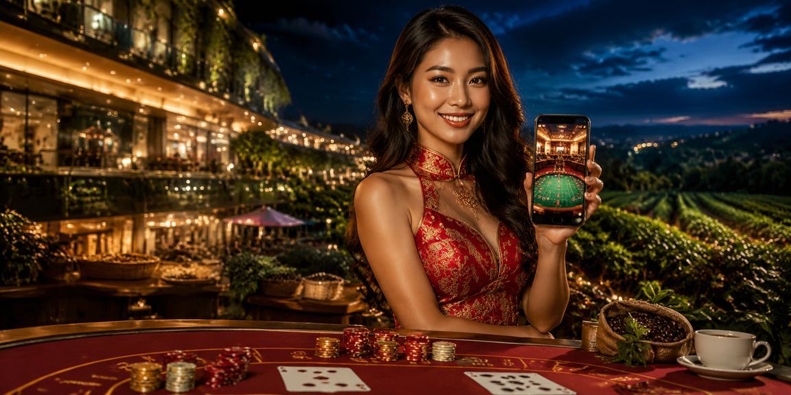 Người dùng Nha Trang đặt cược esports trên điện thoại với nón lá truyền thống dưới ánh đèn neon