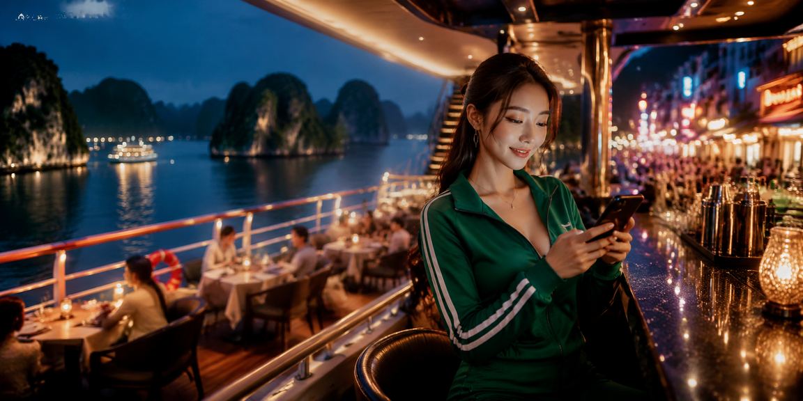 Người dùng tại Hạ Long trải nghiệm casino mobile trên điện thoại với cảnh vịnh tuyệt đẹp phía sau