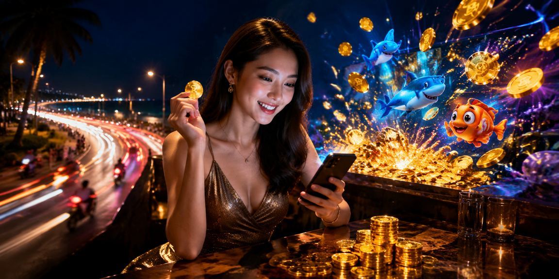 Người dùng tại Mũi Né chơi casino trực tuyến trên điện thoại với phong cảnh biển buổi chiều