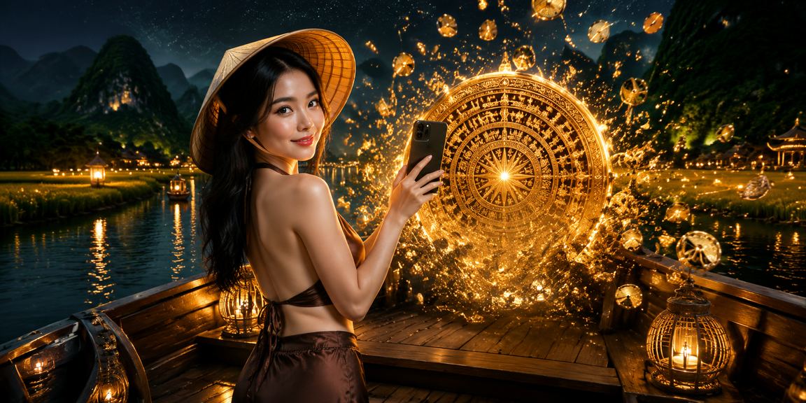 Người dùng Ninh Bình kiểm tra trạng thái tài khoản casino trên điện thoại giữa cảnh quan núi đá